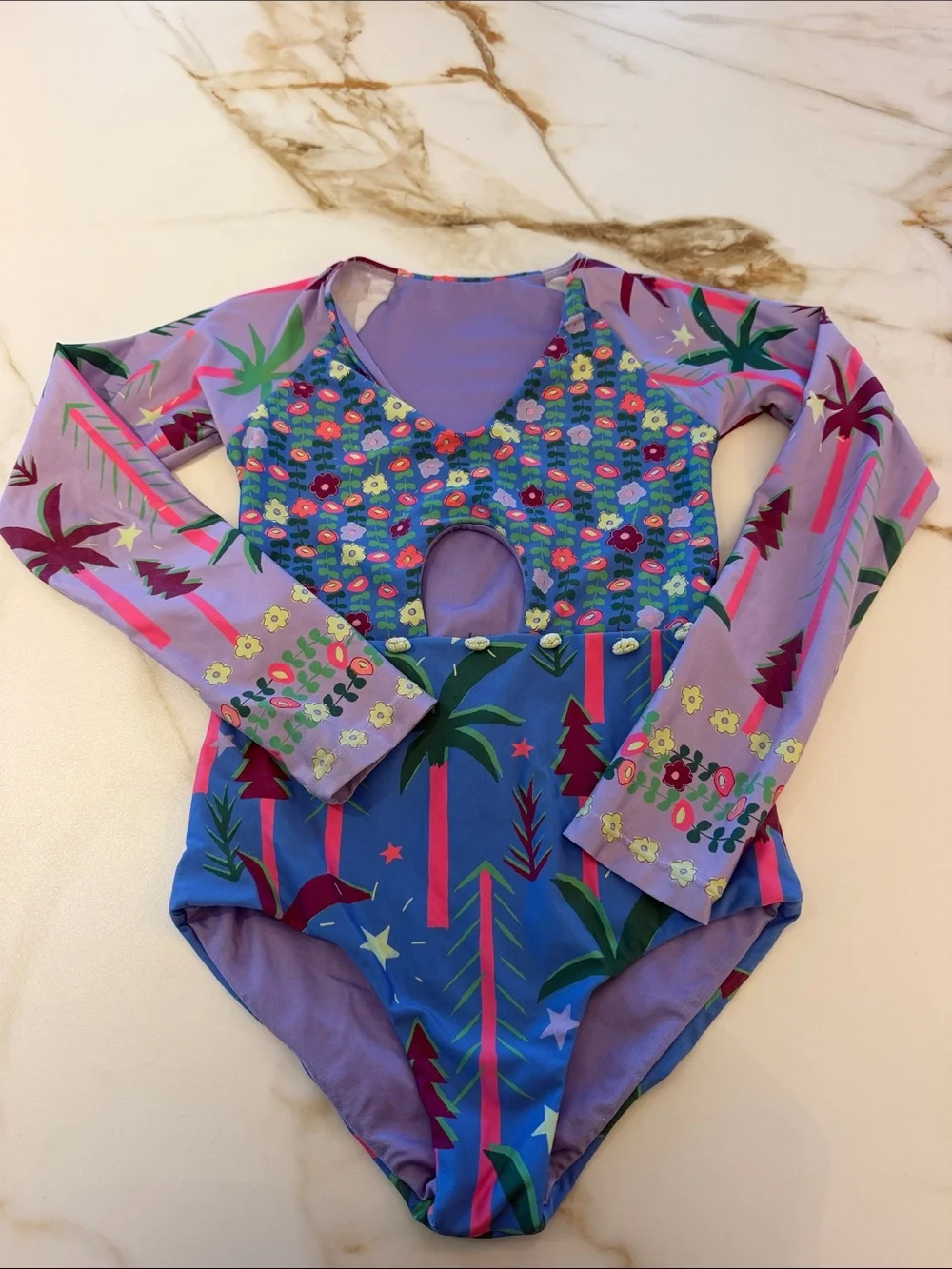 Agua Bendita Kids Purple Floral Palm Long-Sleeve One-Piece Swimsuit 12